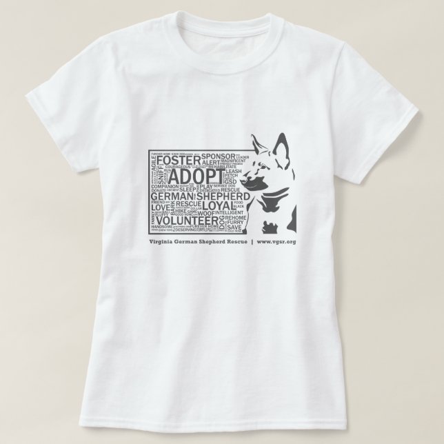 Der Schäferhund-Wort-Wolken-Rettungs-Grau der T-Shirt (Design vorne)