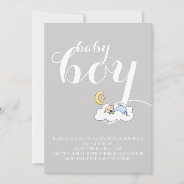 Der schlafende Baby duscht elegante Text grau Einladung (Vorderseite)