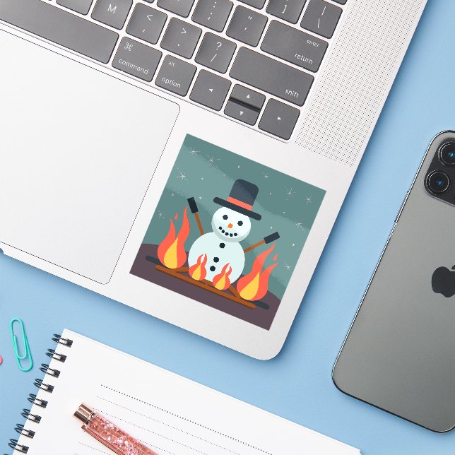 Der Schneemann auf dem Campingplatz Aufkleber (Laptop mit iPhone)