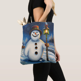 Der Schneemann trägt die Lampe und wandert nachts Tasche
