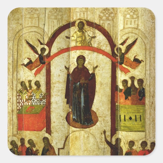 Der Schutz der Theotokos-russischen Ikone Quadratischer Aufkleber (Vorderseite)