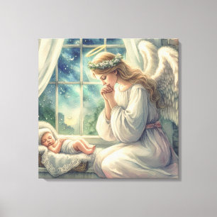 der Schutzengel betet an der Wiege des Babys  Leinwanddruck