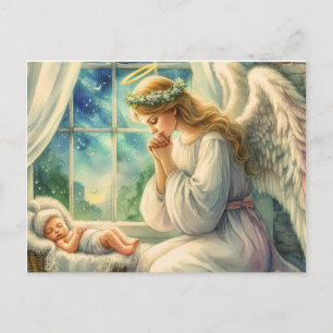 der Schutzengel betet an der Wiege des Babys Postkarte