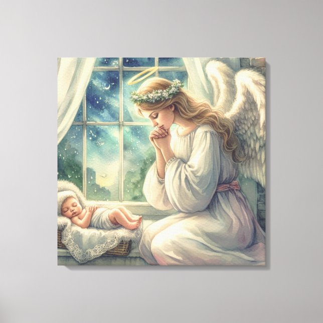 der Schutzengel betet von der Wiege des Babys Leinwanddruck (Vorderseite)