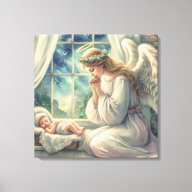 der Schutzengel betet von der Wiege des Babys Leinwanddruck (Vorderseite)