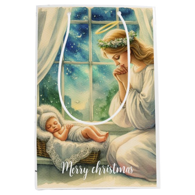 der Schutzengel betet von der Wiege des Babys Mittlere Geschenktüte (Vorderseite)