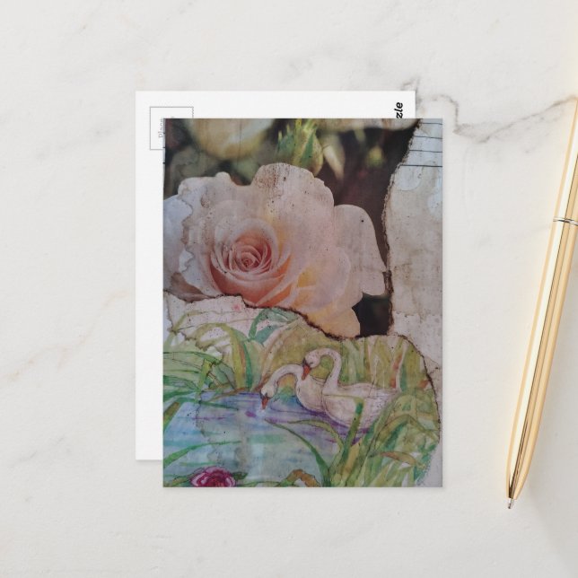 Der Schwan und Rosen Collage Postkarte (Vorderseite/Rückseite Beispiel)