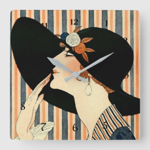 „Der schwarze Hut“ Art Deco von George Barbier Quadratische Wanduhr