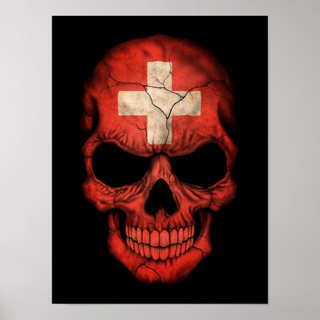 Der Schweizer Flaggenschädel in Schwarz Poster (Vorne)