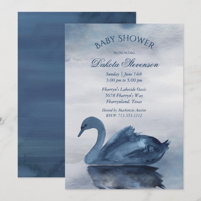 Der See | Dusty Blue Swan Baby Dusche Einladung (Vorne/Hinten)