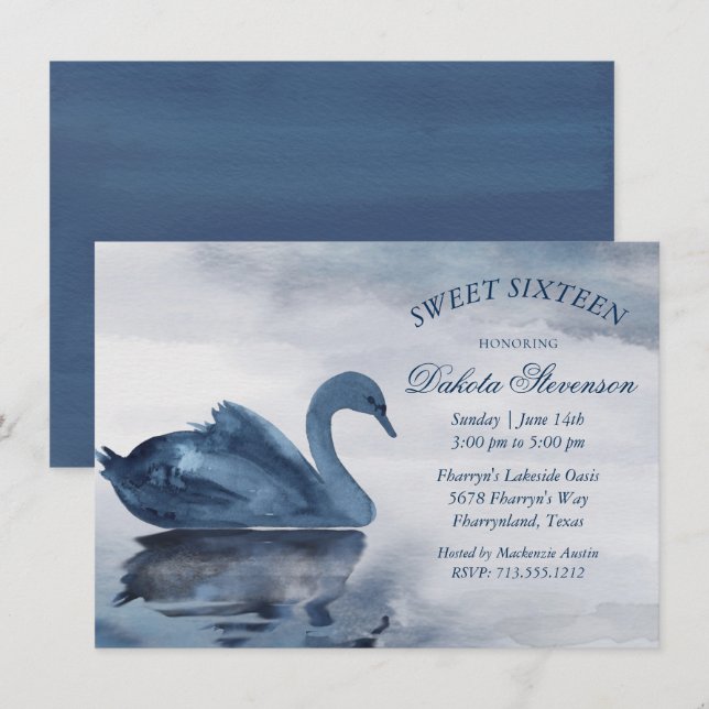 Der See | Dusty Blue Swan Sweet 16 Party Einladung (Vorne/Hinten)