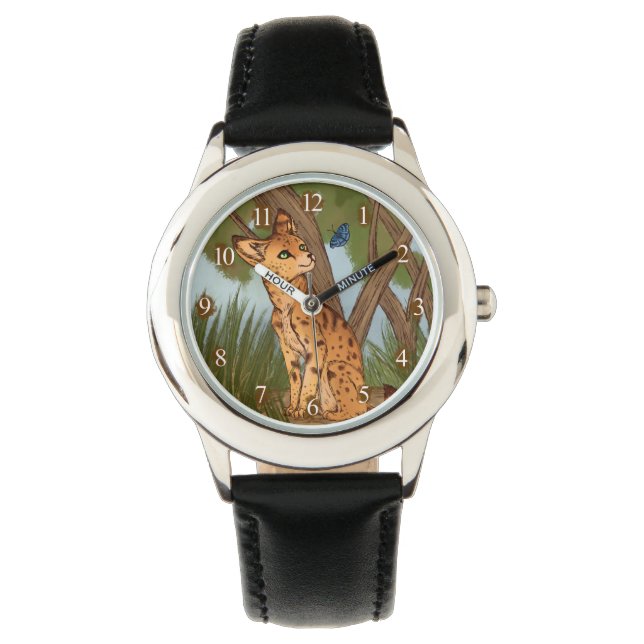 Der Serval und die Schmetterlinge Armbanduhr (Vorderseite)