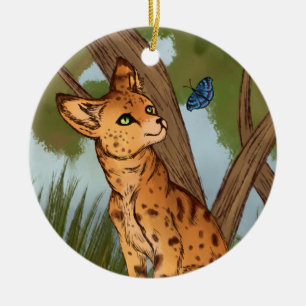 Der Serval und die Schmetterlinge Keramikornament