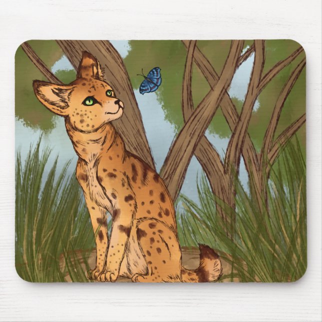 Der Serval und die Schmetterlinge Mousepad (Vorne)