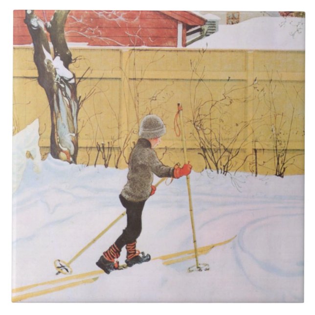 Der Skifahrer (Junge mit Ski) (Winterlandschaft) Fliese (Vorderseite)