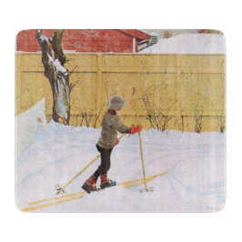 Der Skifahrer (Junge mit Ski) (Winterlandschaft) Schneidebrett