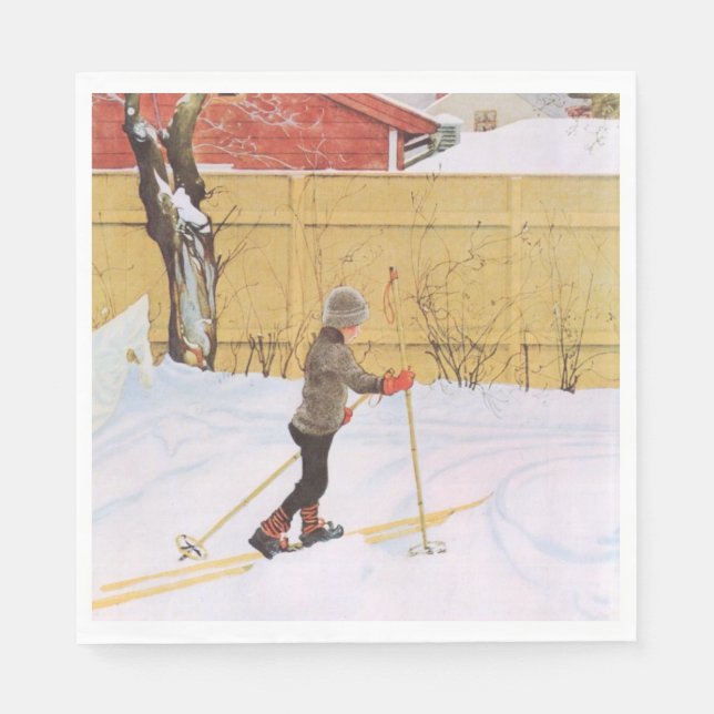 Der Skifahrer (Junge mit Ski) (Winterlandschaft) Serviette (Vorderseite)
