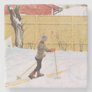 Der Skifahrer (junger Junge mit Skiern) (Winterlan Steinuntersetzer