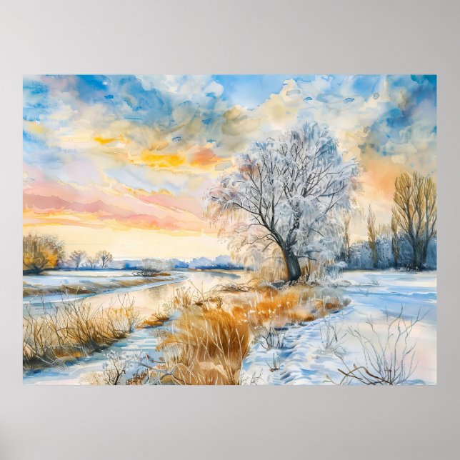 Der Snowy Havel River mit Willowtree. Aquarell Poster (Vorne)