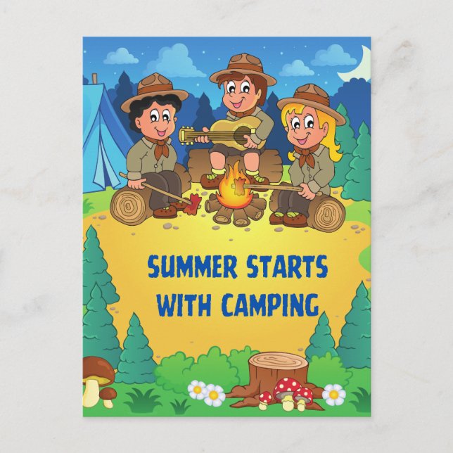 Der Sommer beginnt mit dem Camping Postkarte (Vorderseite)