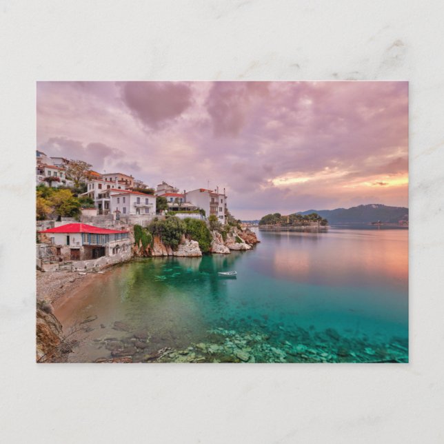 Der Sonnenaufgang am alten Hafen von Skiathos, Gri Postkarte (Vorderseite)