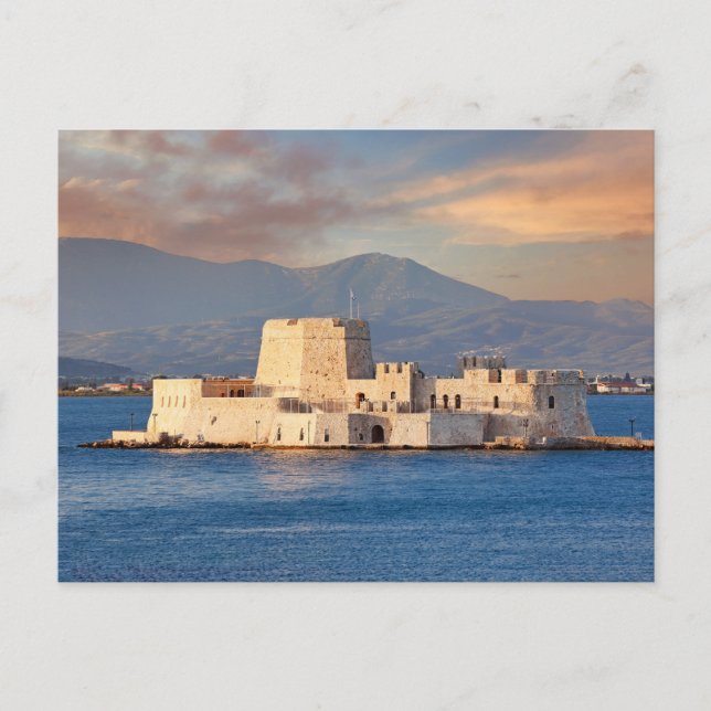 Der Sonnenuntergang auf dem Schloss von Bourtzi in Postkarte (Vorderseite)
