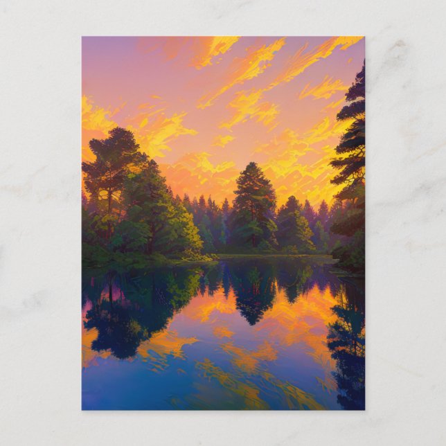 Der Sonnenuntergang im Pinienwald Postkarte (Vorderseite)