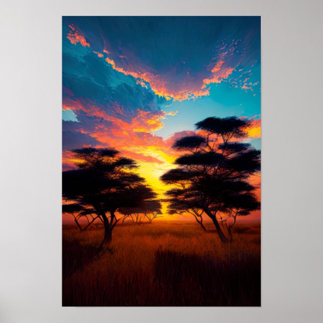 Der Sonnenuntergang in der afrikanischen Savanna Poster (Vorne)