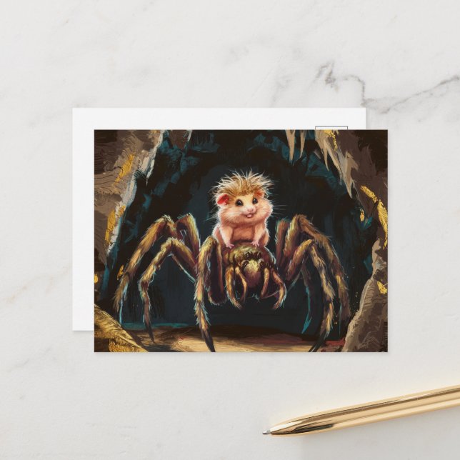 Der sonnige Hamster fährt eine Riesenspinne durch  Postkarte (Vorderseite/Rückseite Beispiel)