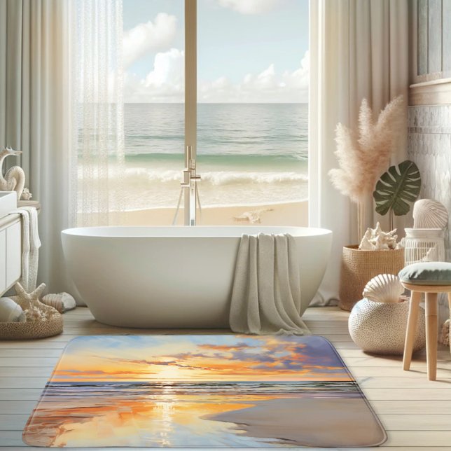 Der sonnige Strand von Aquarell Badematte (Bath mat featuring a watercolor painting of a sunset on the beach.)