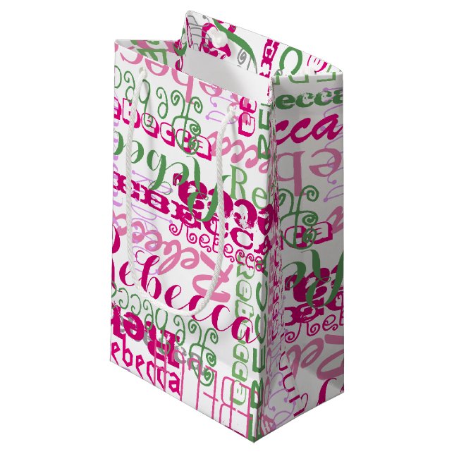 Der Spaß-Namen-Collage des Mädchens rosa grüne Kleine Geschenktüte (Vorderseite Schrägansicht)
