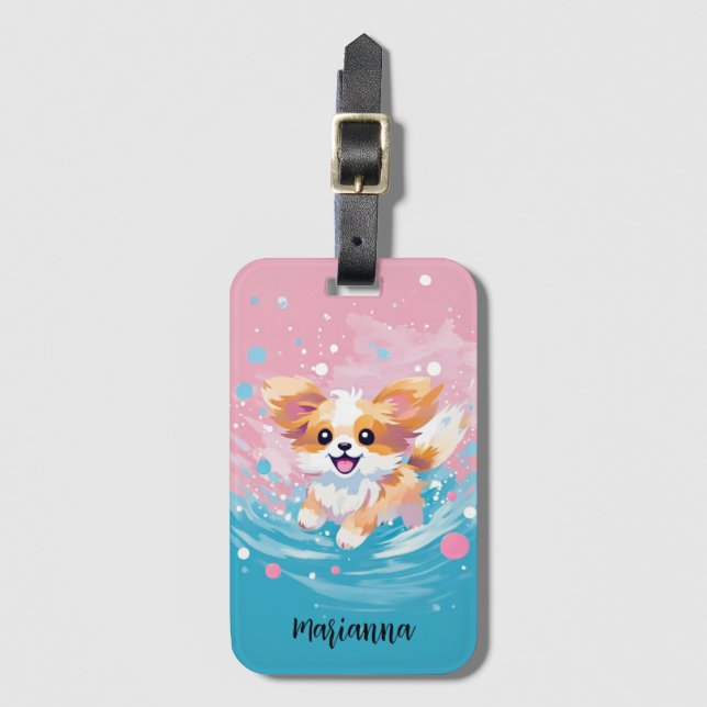 Der spielerische Papillon Pup: Splash of Pink and  Gepäckanhänger (Vorderseite Vertikal)