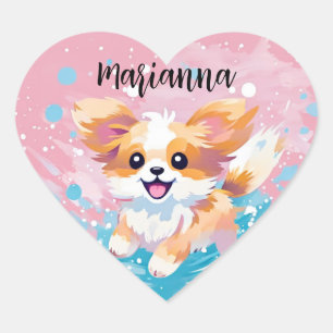 Der spielerische Papillon Pup: Splash of Pink and  Herz-Aufkleber
