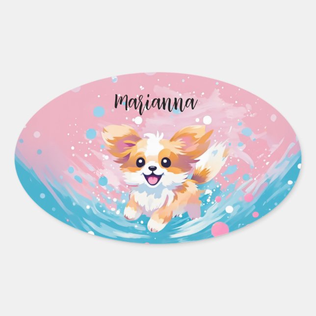 Der spielerische Papillon Pup: Splash of Pink and  Ovaler Aufkleber (Vorderseite)