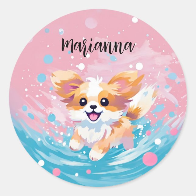Der spielerische Papillon Pup: Splash of Pink and  Runder Aufkleber (Vorderseite)