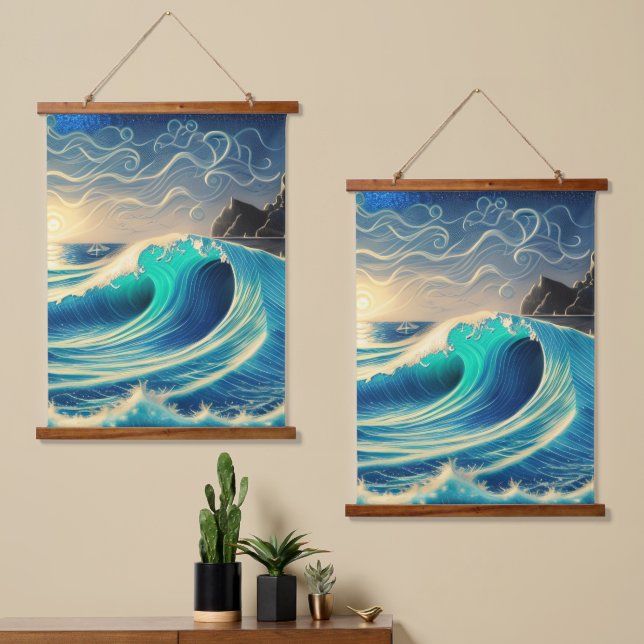 Der Splendor einer blauen Welle Wandteppich Mit Holzrahmen (Asymmetrisch)