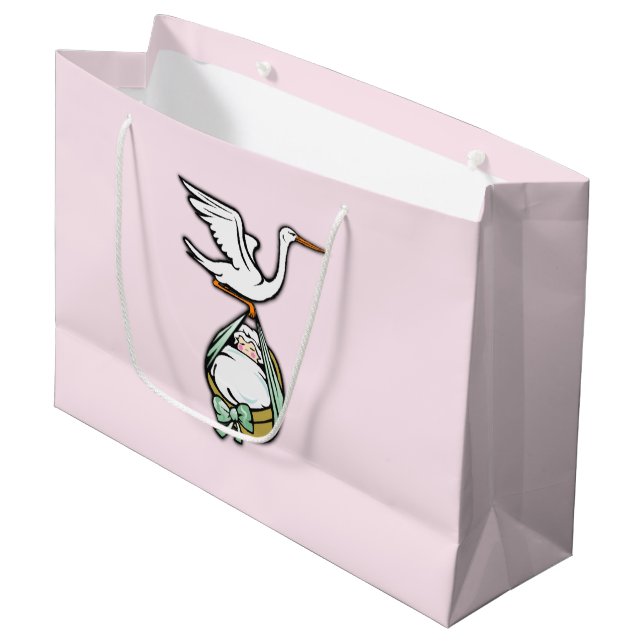 Der Storch trägt ein Baby Große Geschenktüte (Vorderseite Schrägansicht)