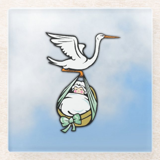 Der Storch trägt einen Babyjungen Glasuntersetzer (Vorderseite)
