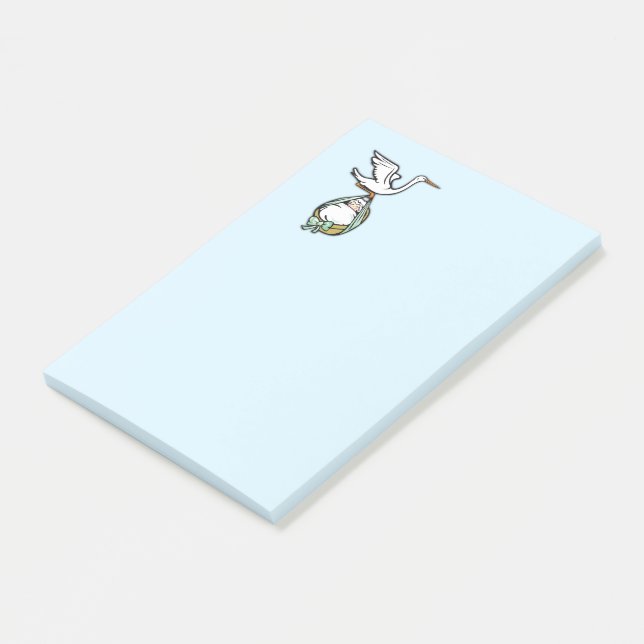 Der Storch trägt einen Babyjungen Post-it Klebezettel (angewinkelt)