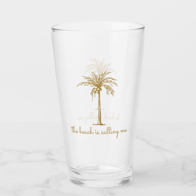 Der Strand nennt mich Golden Coconut Palm Tree Glas (Vorderseite)