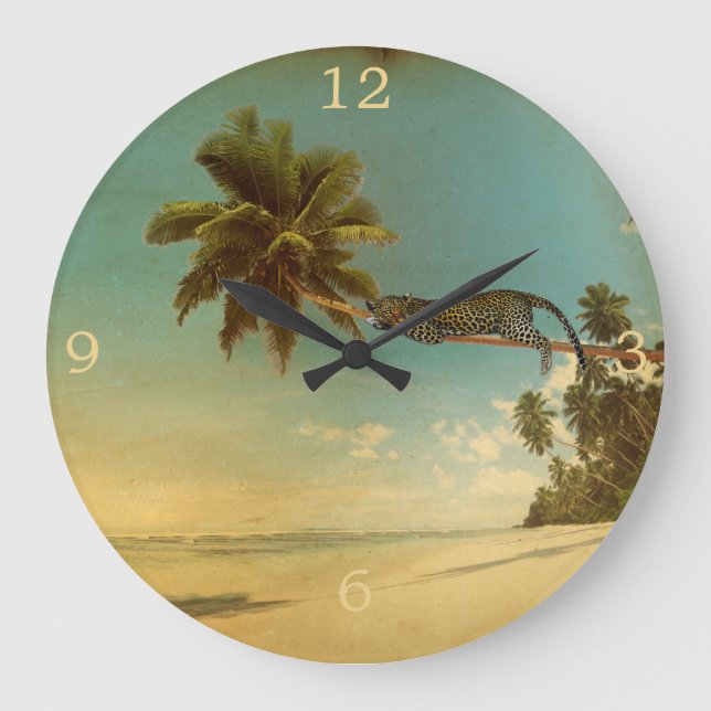 Der Strand von Leopard Palm Tree Große Wanduhr (Vorderseite)