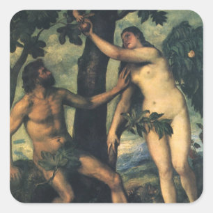 Der Sündenfall; Adam und Eva von Tizian Quadratischer Aufkleber