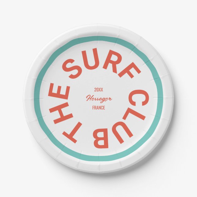 Der Surfclub Rotes Wappen Türkisblau Streifen Pappteller (Vorderseite)