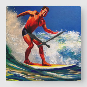 Der Surfer fährt die Wellen Quadratische Wanduhr