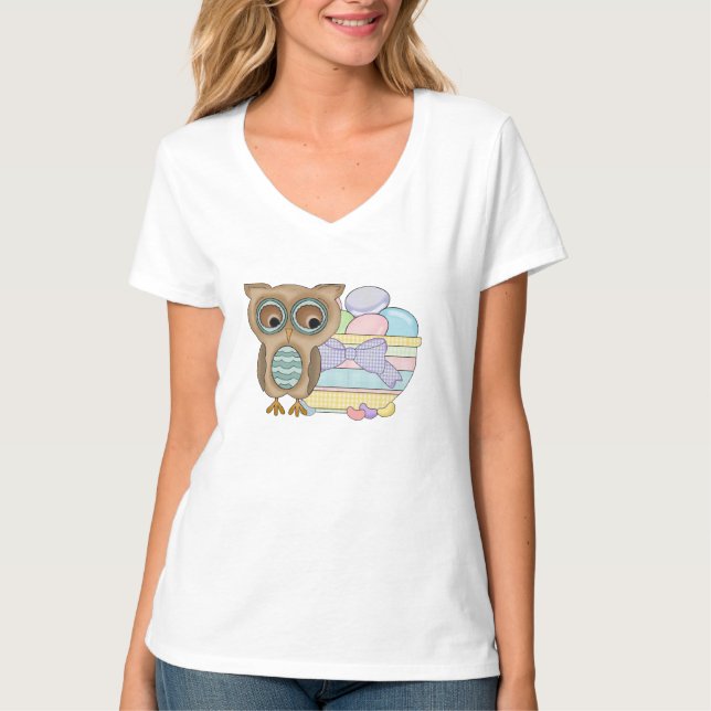 Der T - Shirt der Cartoon-Ostern-Eulenfrauen (Vorderseite)