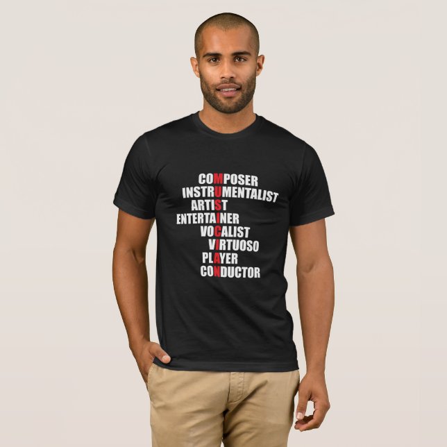 Der T - Shirt der Musikeracrostic-Männer (dunkel) (Vorne ganz)