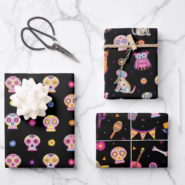 Der Tag des Toten Halloween, bunt Geschenkpapier Set (Vorderseite)