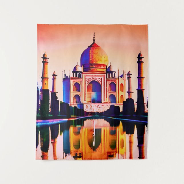 Der Taj Mahal gegen den Sonnenuntergang Wandteppich (Vorderseite)