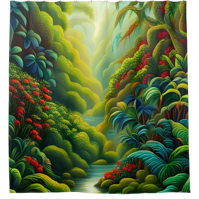 Der tropische Regenwald mit Blume und Strömungen Duschvorhang (Vorderseite)
