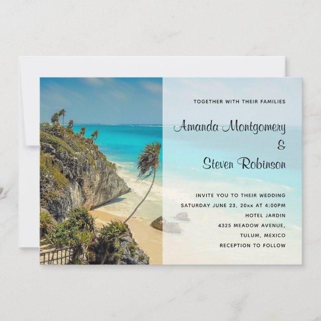 Der tropische Strand mit einer Hochzeit von Bäumen Einladung (Vorderseite)